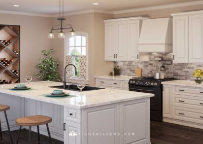 Kitchen with Big Island and Wood Hood Cabinets Torrance White